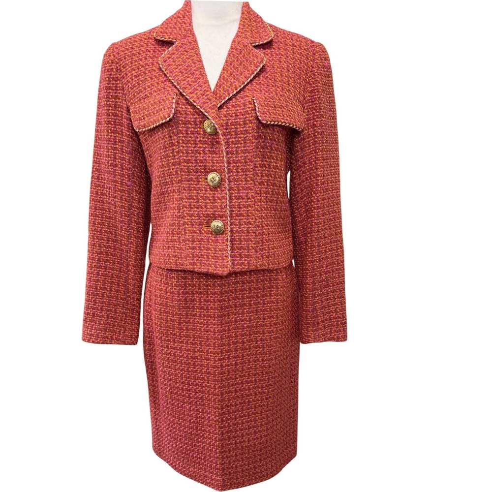 Vintage 70s Boucle Tweed Georgiou Skirt Suit 8 Mod Gold Buttons Holiday Party